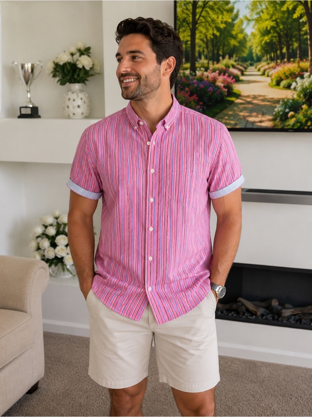 Johnston & Murphy Pink Multi-Stripe Short-Sleeve Button-Down Shirt